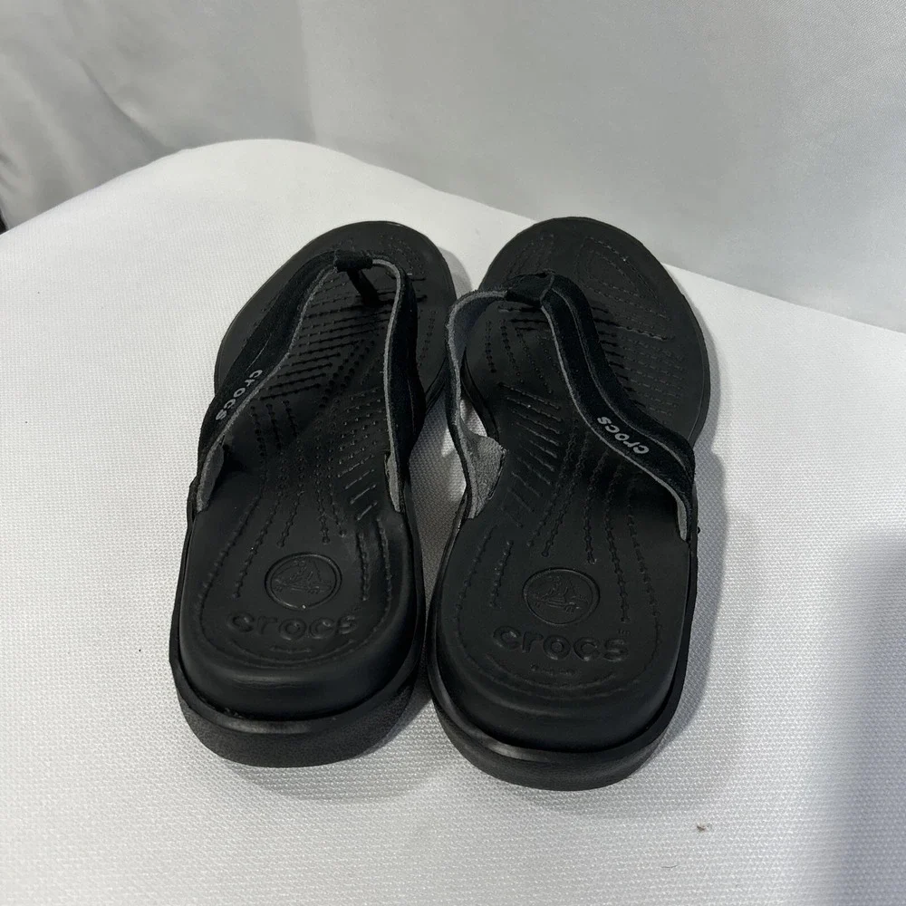 Crocs Flip Flops Capri Leather Rubber Thong Sandals Men's Size 9 Black